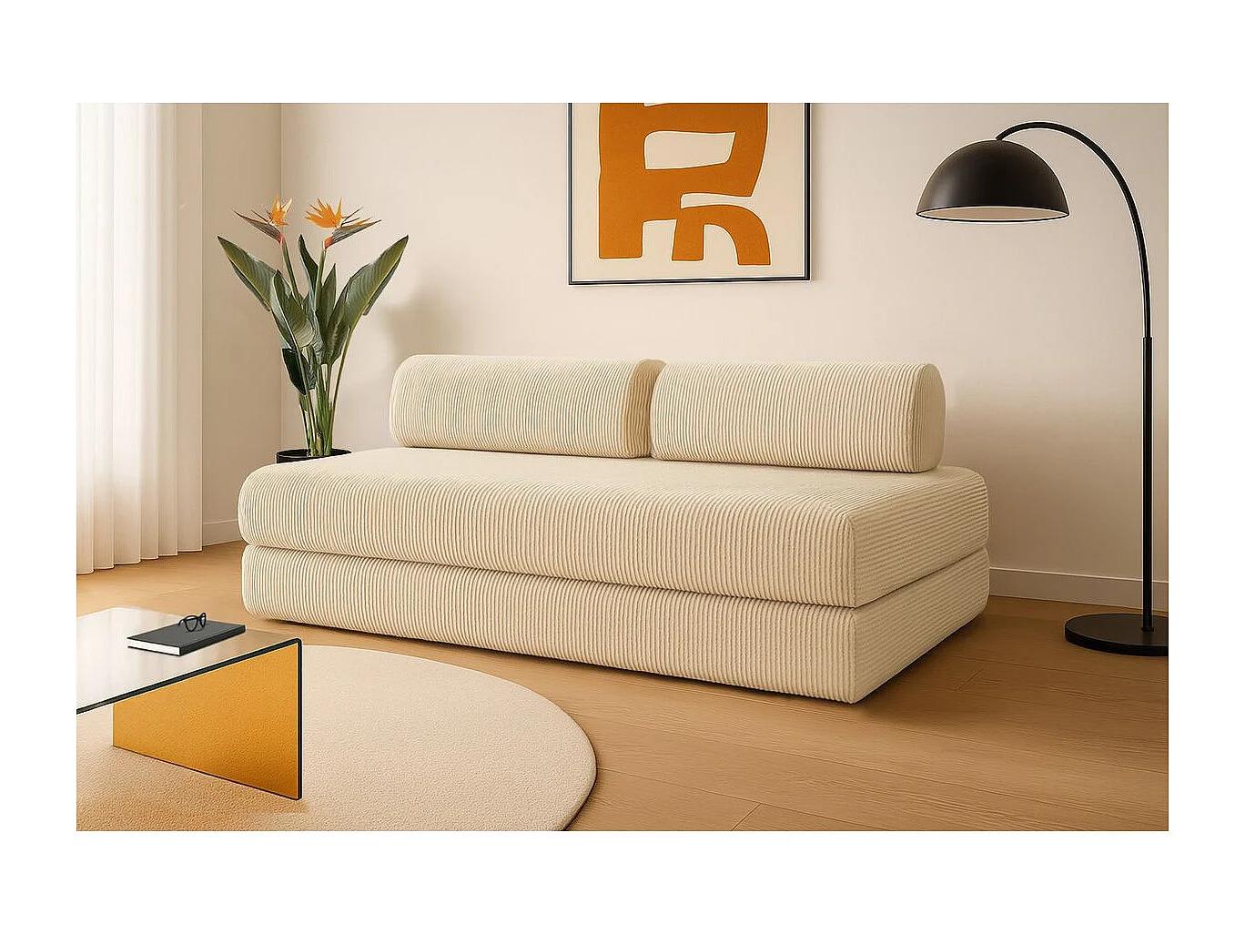 Canapé droit modulable et convertible 3 places - Velours côtelé - Beige