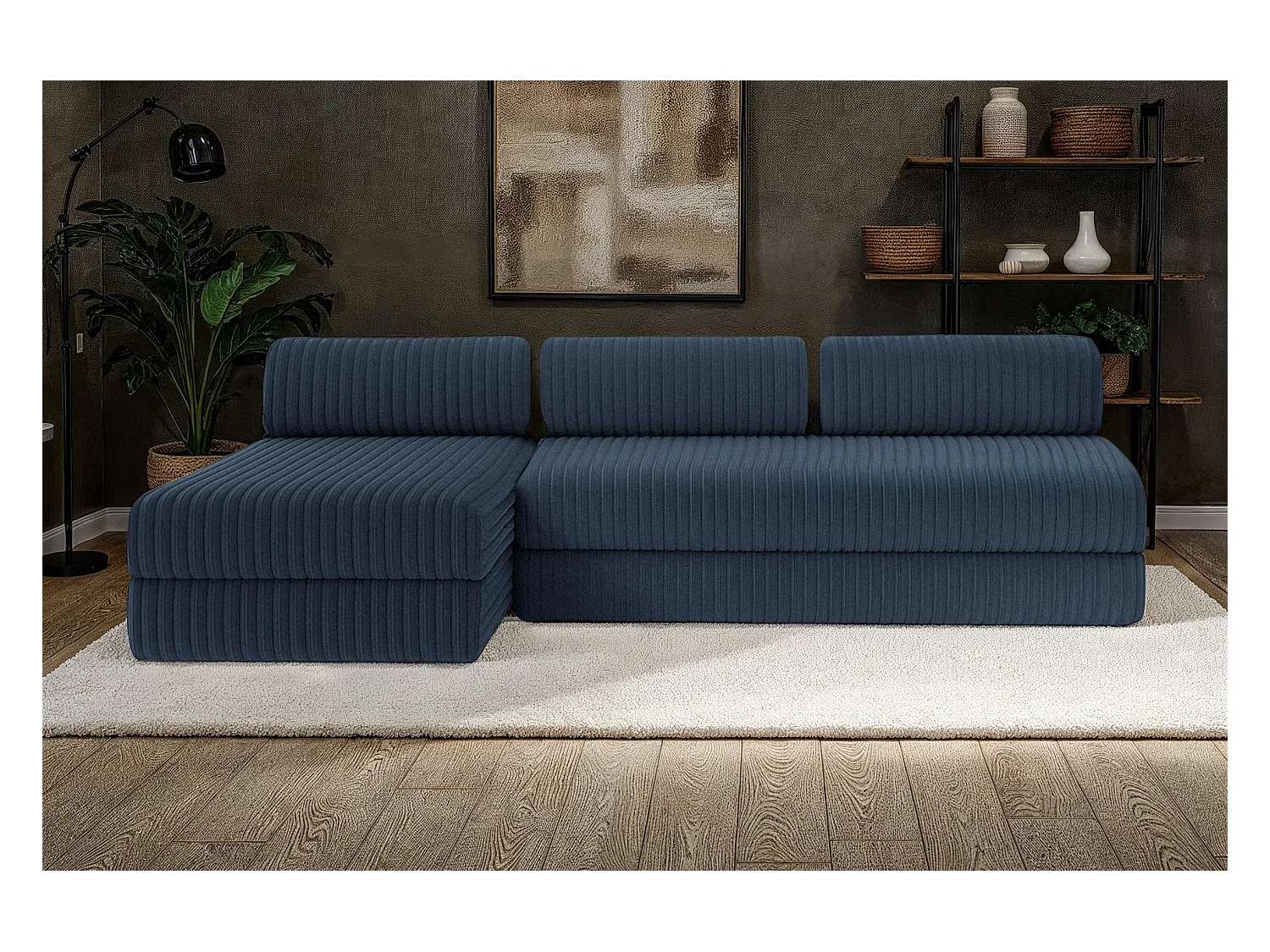 Canapé d'angle modulable et convertible 6 places - Velours côtelé XL - Bleu