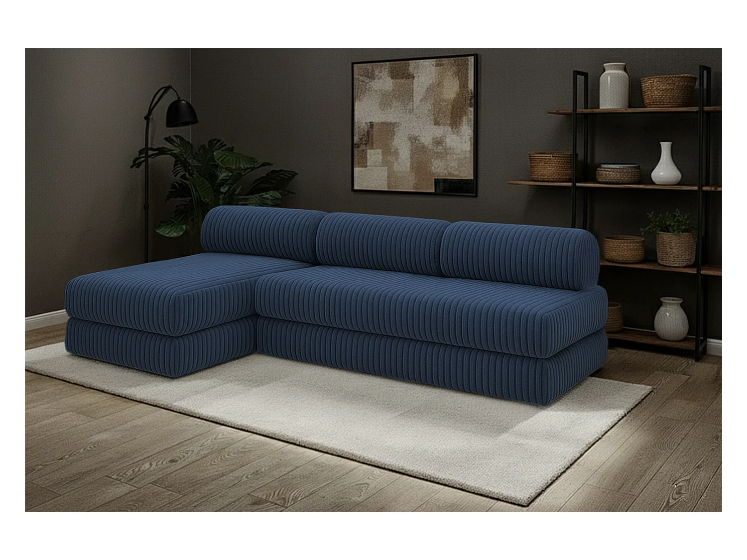 Canapé d'angle modulable et convertible 6 places - Velours côtelé XL - Bleu