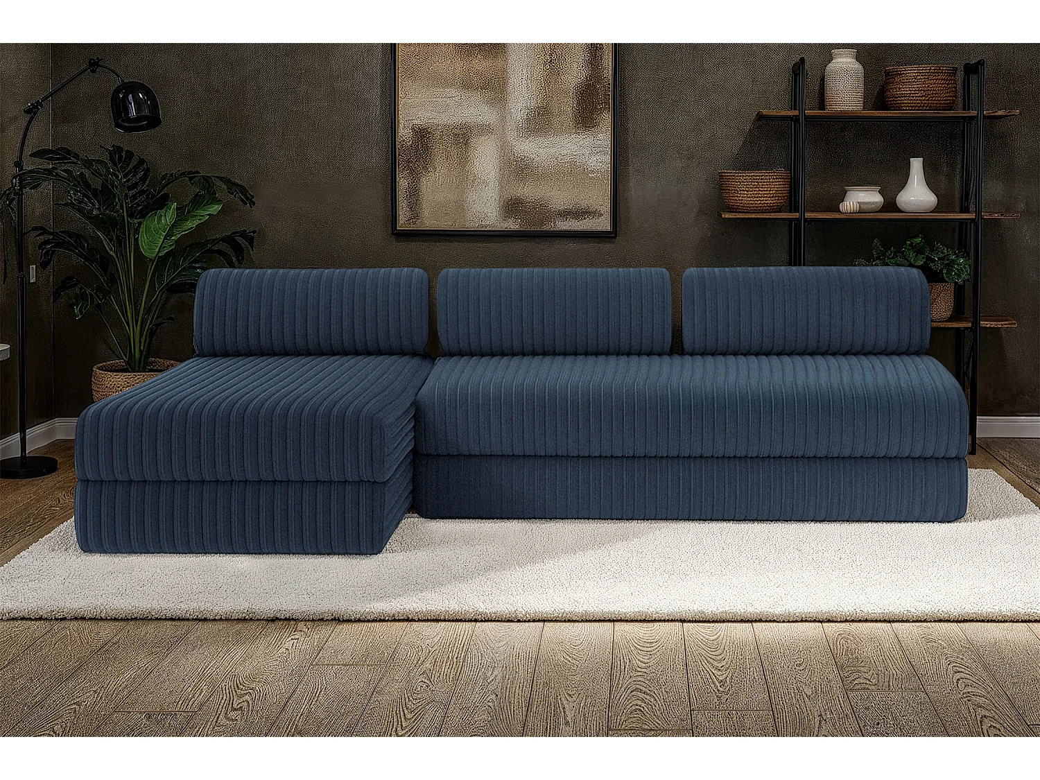 Canapé d'angle modulable et convertible 6 places - Velours côtelé XL - Bleu