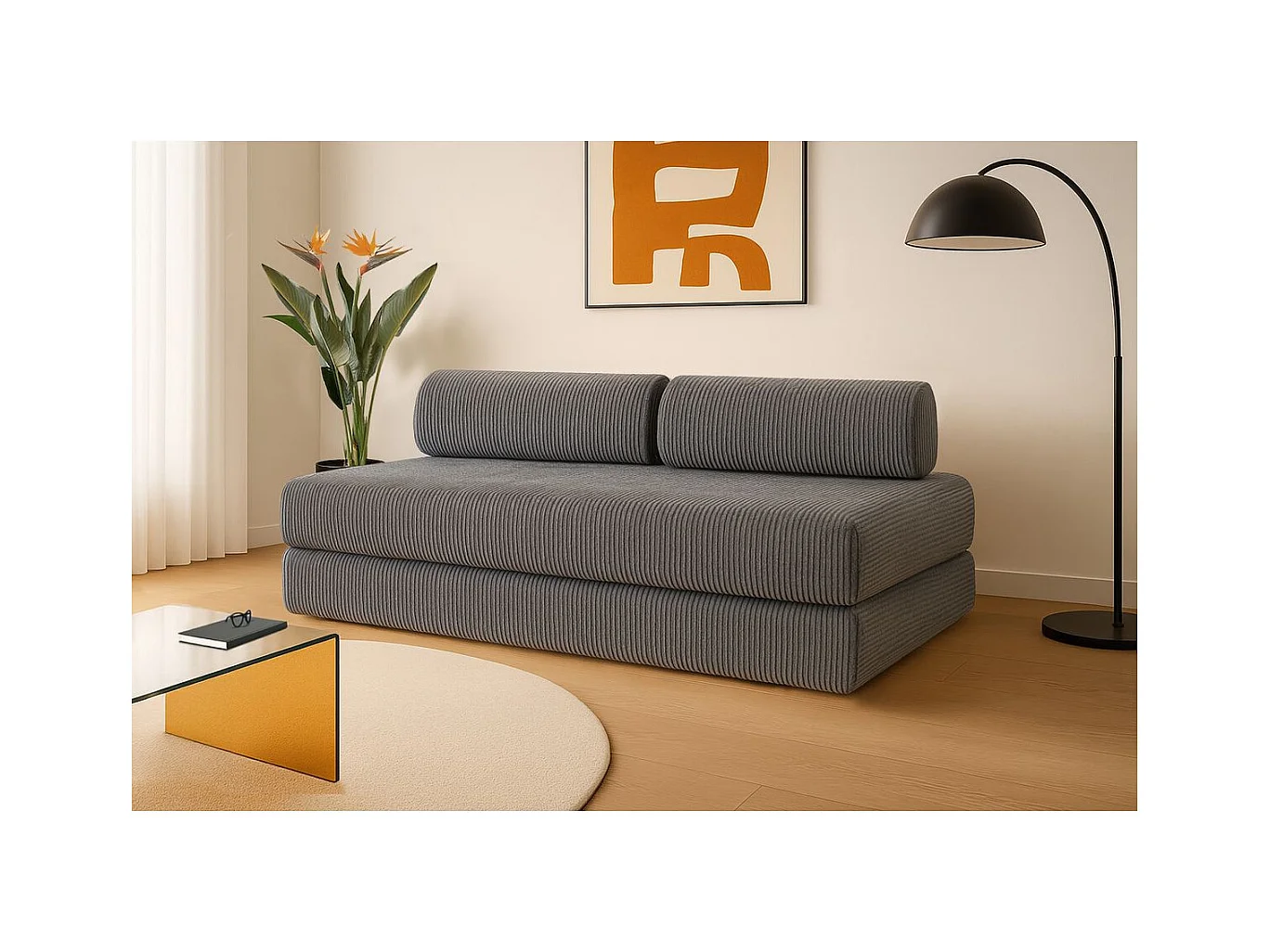 Canapé droit modulable et convertible 3 places - Velours côtelé - Gris