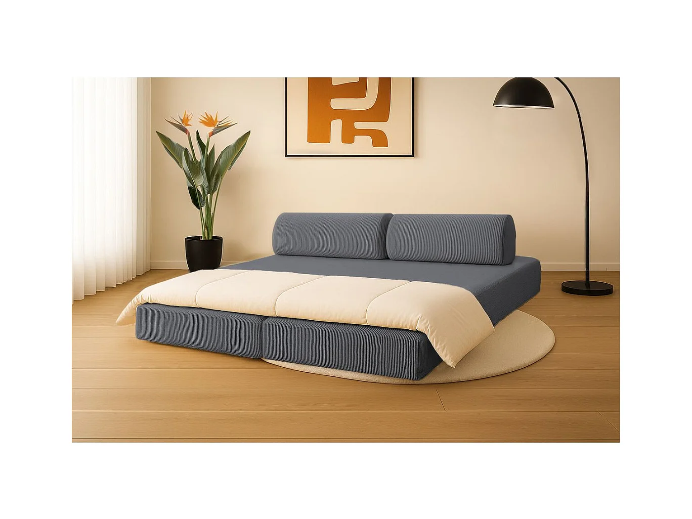 Canapé droit modulable et convertible 3 places - Velours côtelé - Gris