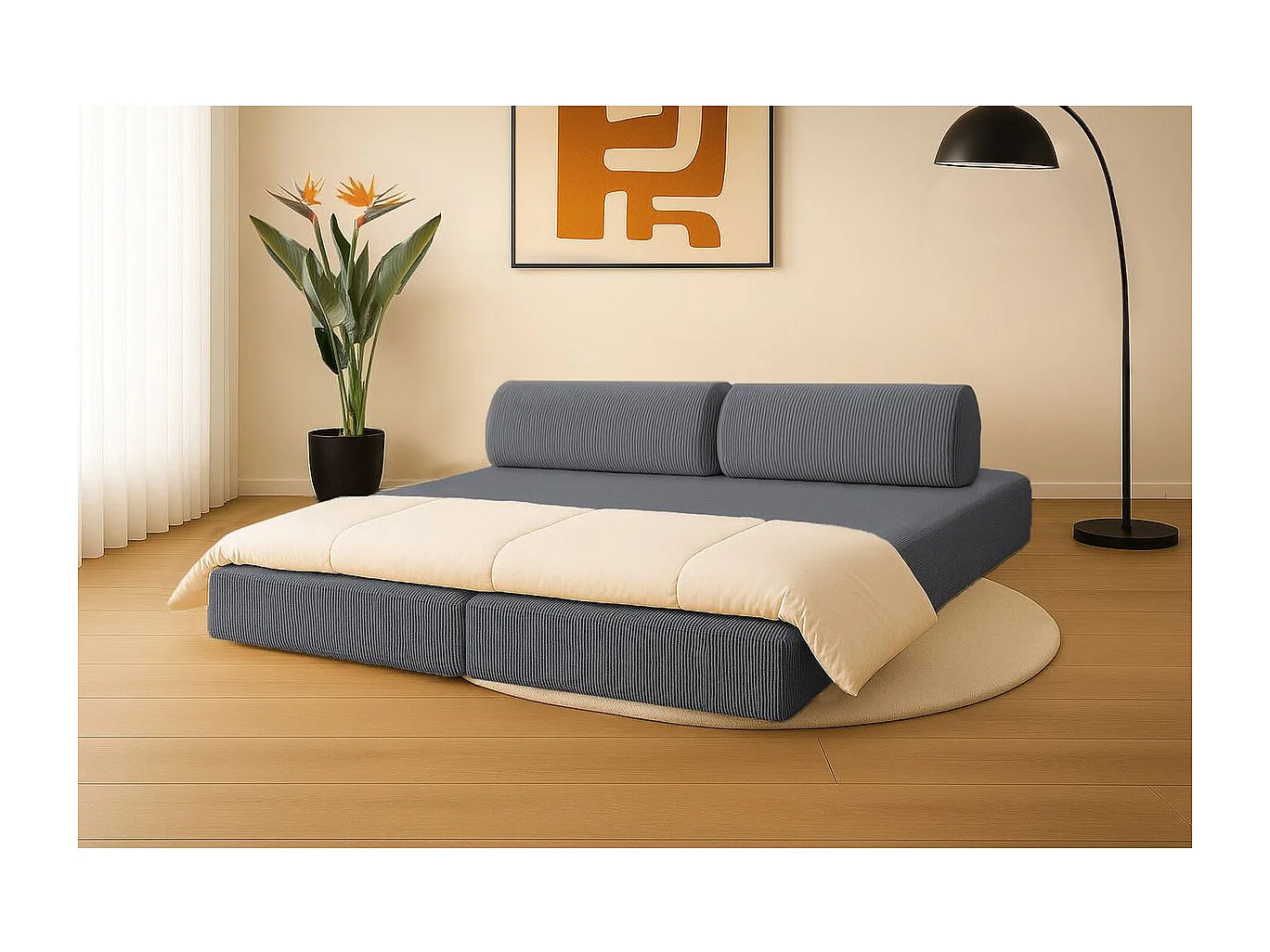 Canapé droit modulable et convertible 3 places - Velours côtelé - Gris