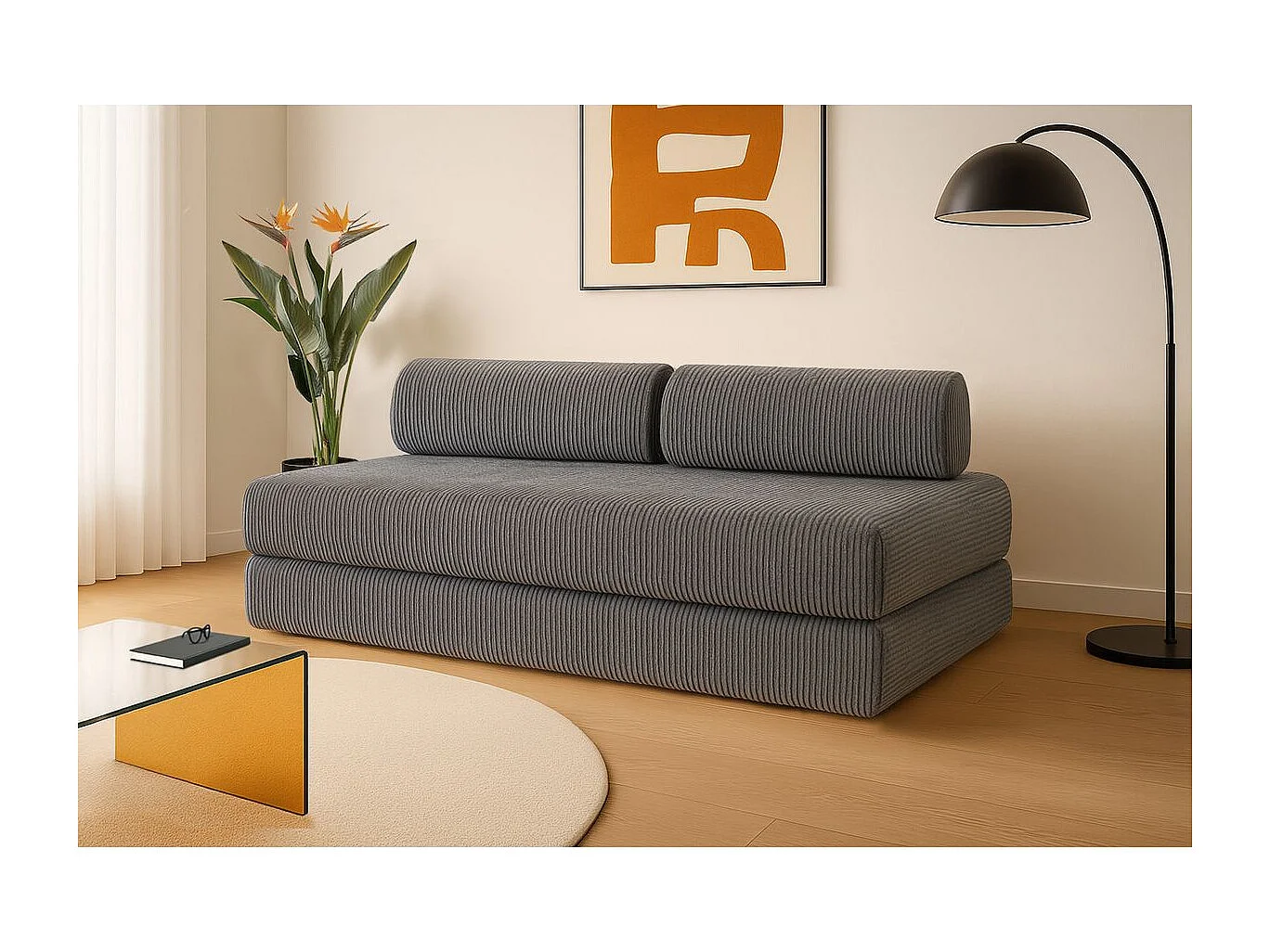 Canapé droit modulable et convertible 3 places - Velours côtelé - Gris