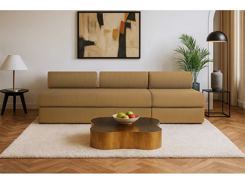 Canapé droit modulable et convertible 4 places - Velours côtelé - Jaune