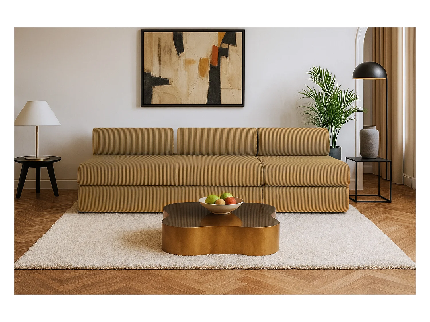 Canapé droit modulable et convertible 4 places - Velours côtelé - Jaune