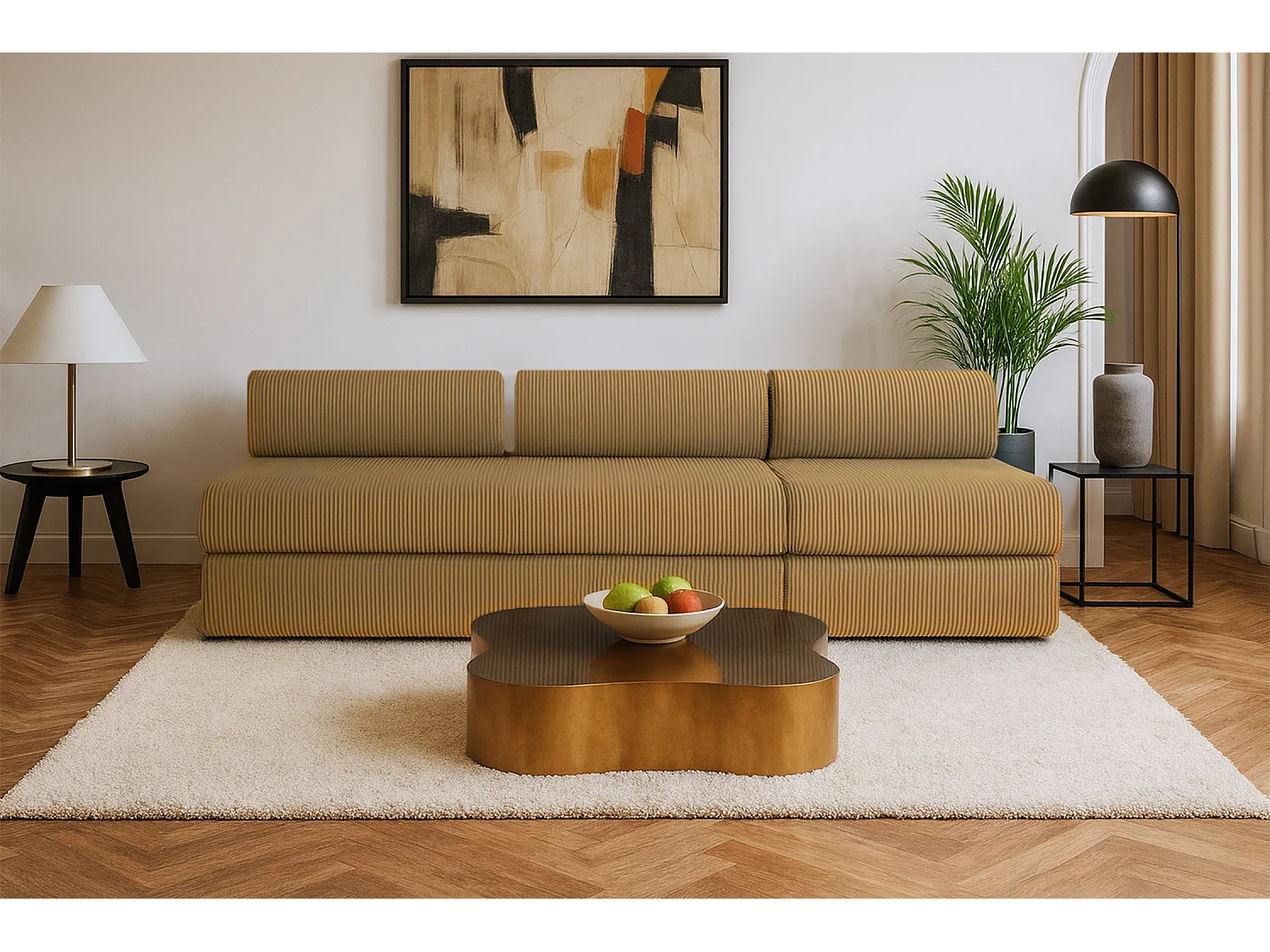 Canapé droit modulable et convertible 4 places - Velours côtelé - Jaune