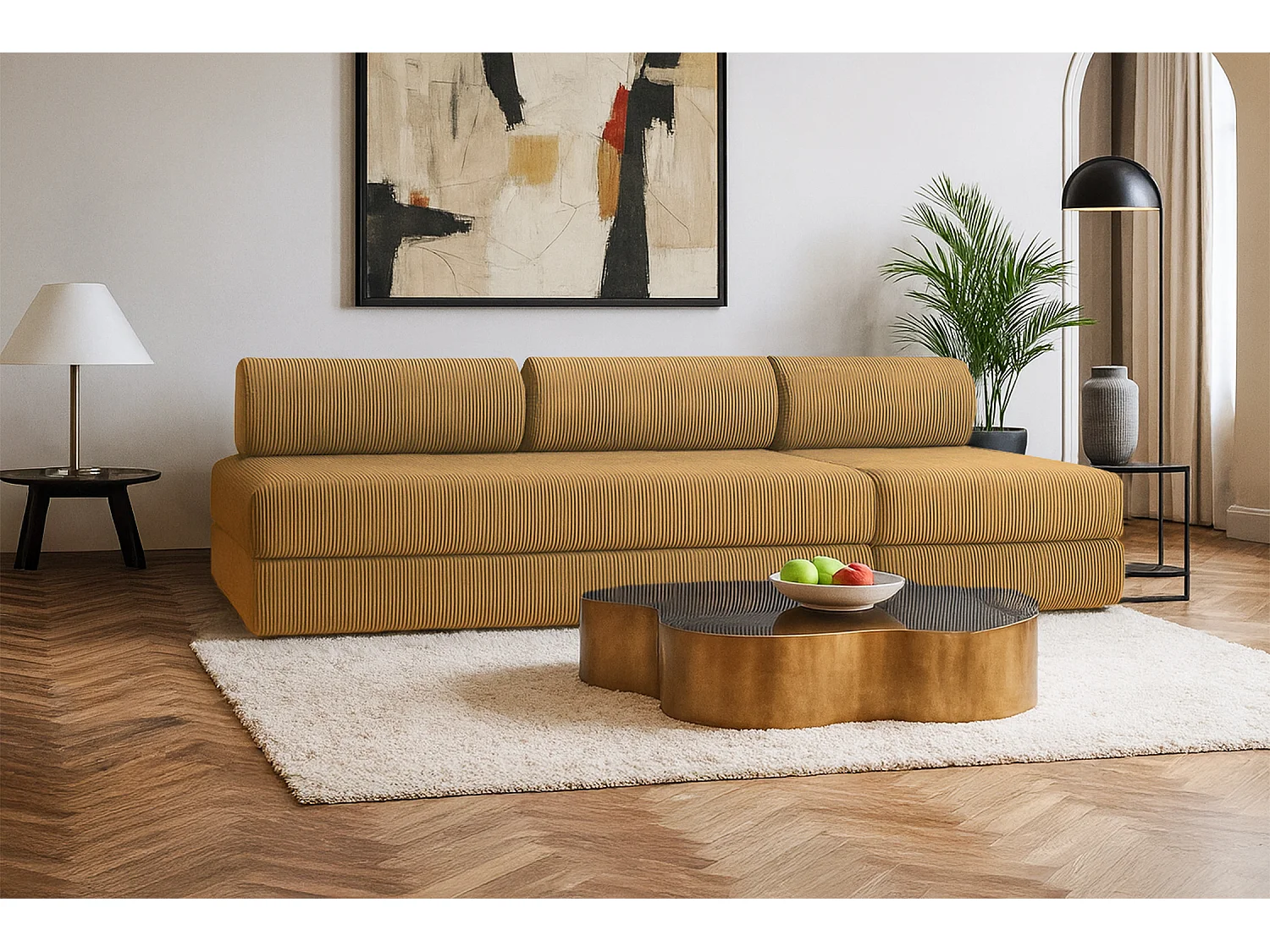 Canapé droit modulable et convertible 4 places - Velours côtelé - Jaune