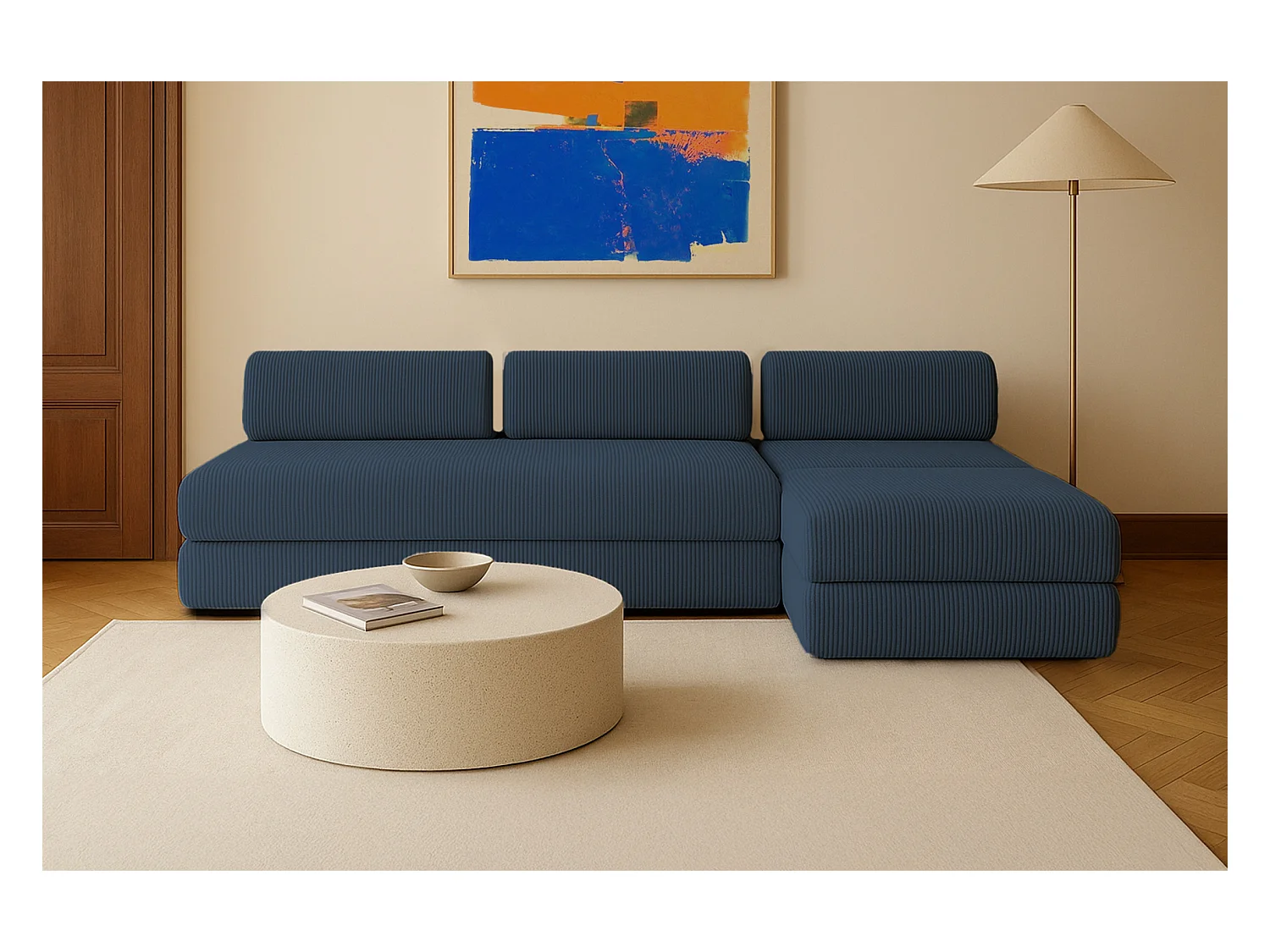 Canapé d'angle modulable et convertible 6 places - Velours côtelé - Bleu