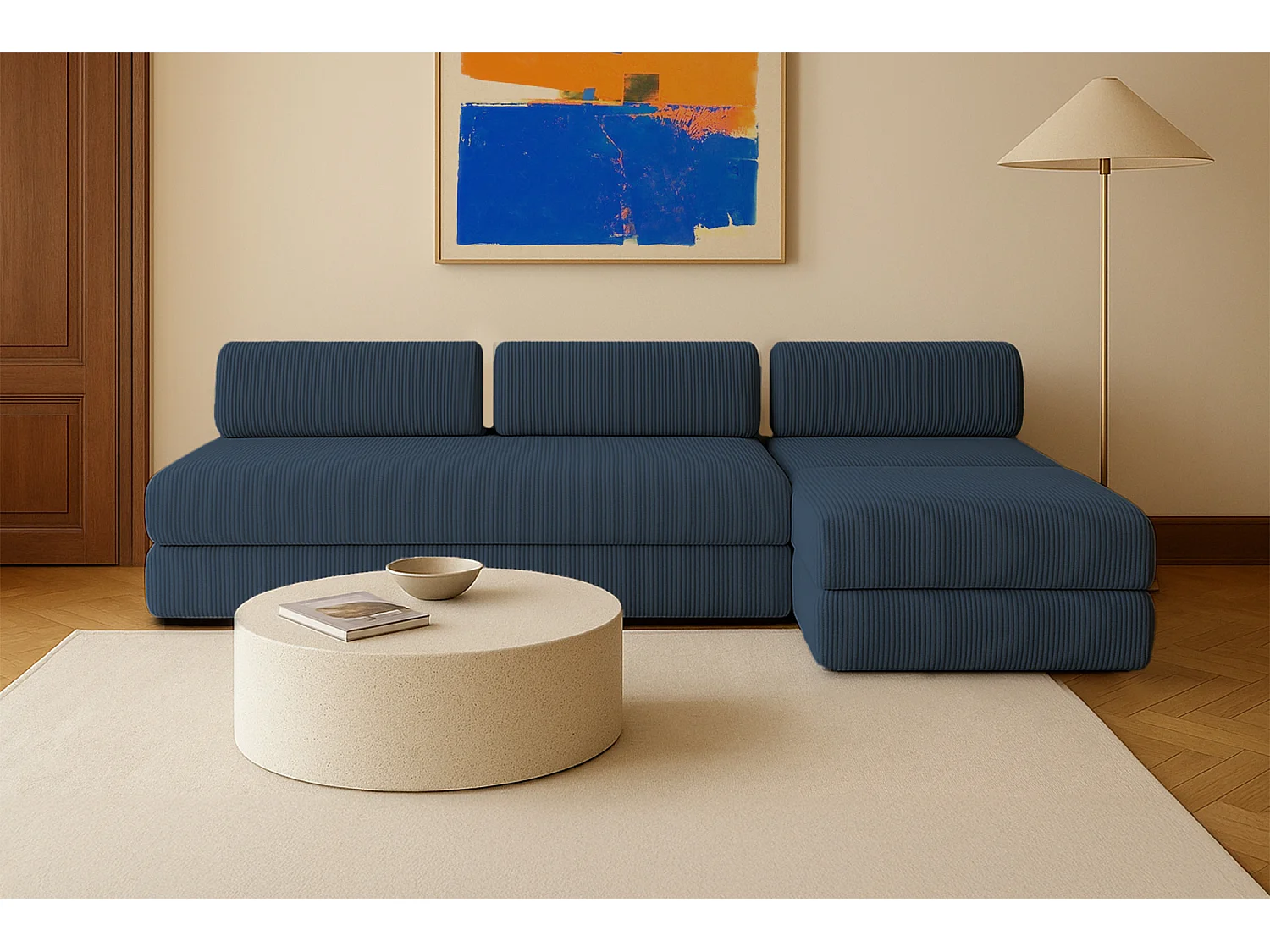 Canapé d'angle modulable et convertible 6 places - Velours côtelé - Bleu