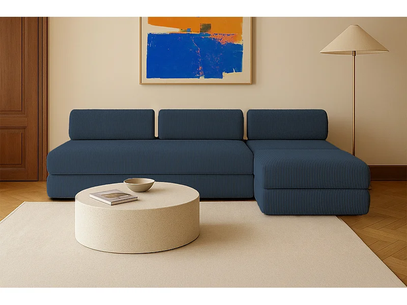 Canapé d'angle modulable et convertible 6 places - Velours côtelé - Bleu