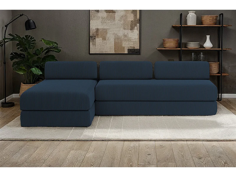 Canapé d'angle modulable et convertible 6 places - Velours côtelé - Bleu