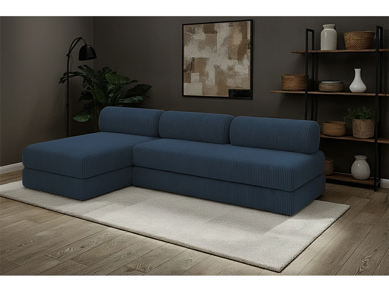 Canapé d'angle modulable et convertible 6 places - Velours côtelé - Bleu