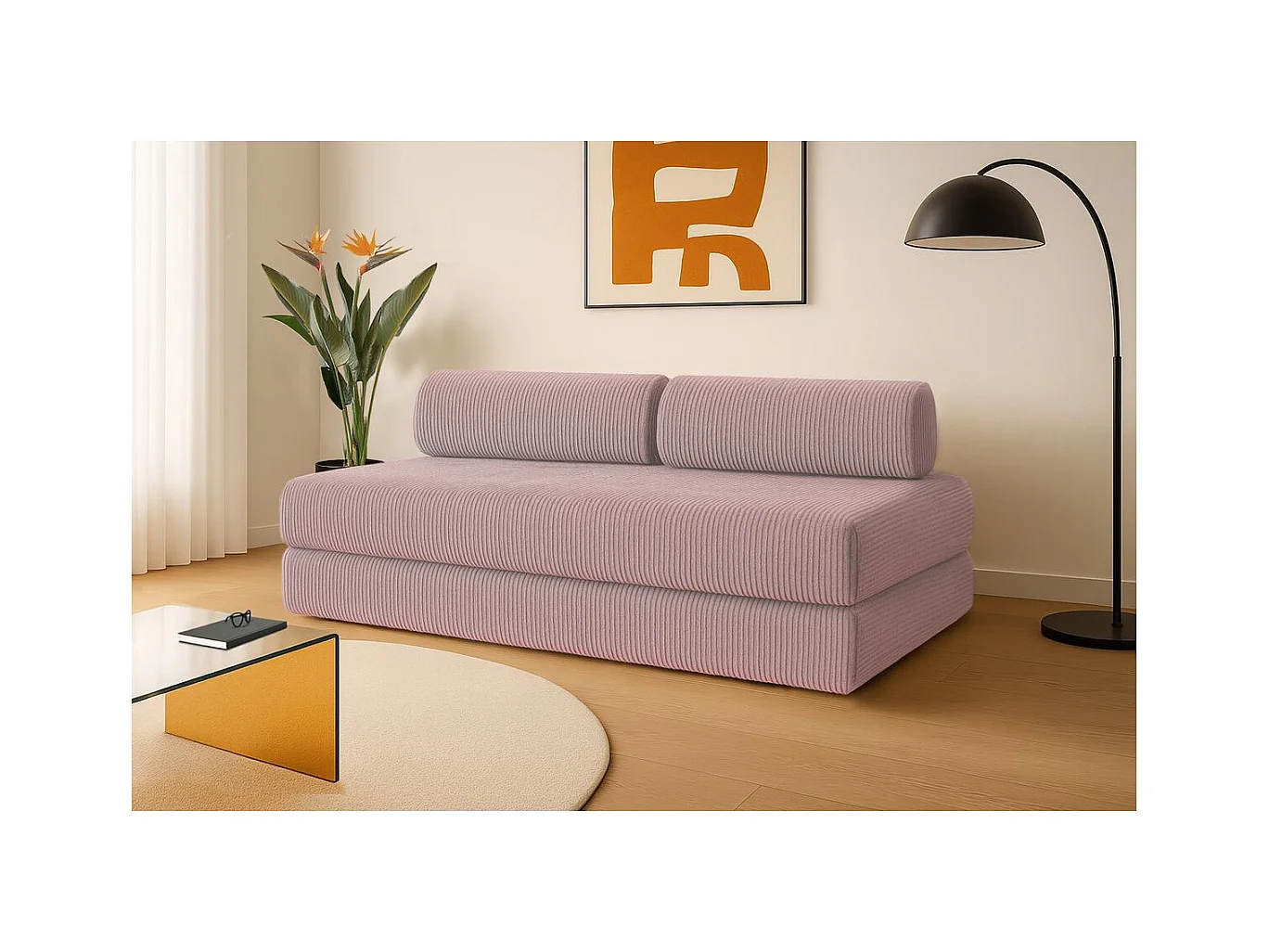 Canapé droit modulable et convertible 3 places - Velours côtelé - Rose pâle