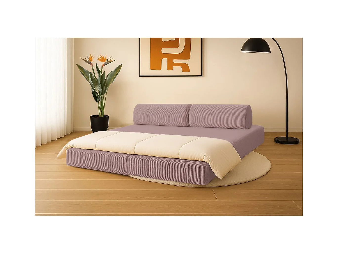 Canapé droit modulable et convertible 3 places - Velours côtelé - Rose pâle