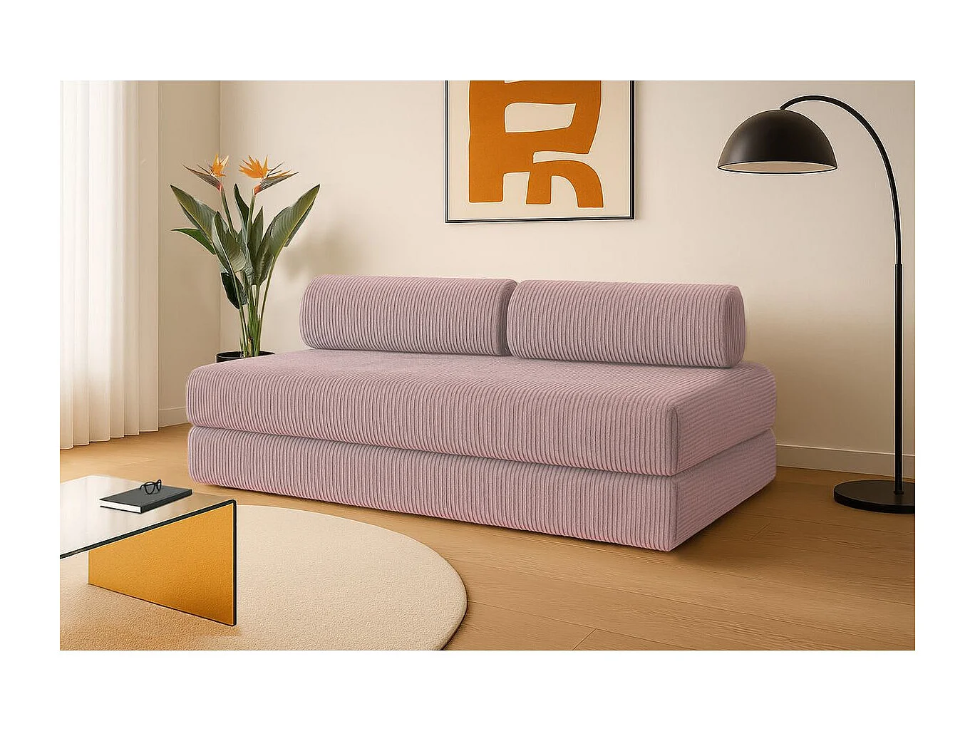 Canapé droit modulable et convertible 3 places - Velours côtelé - Rose pâle