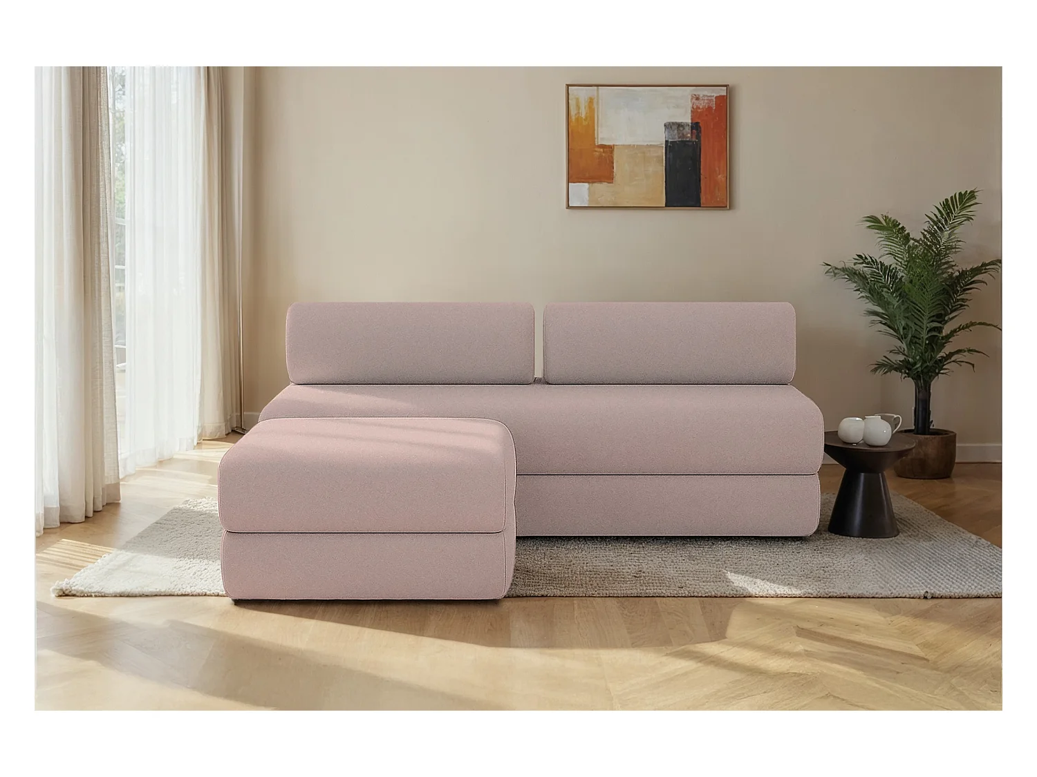 Canapé d'angle modulable et convertible 4 places - Tissu lisse - Rose