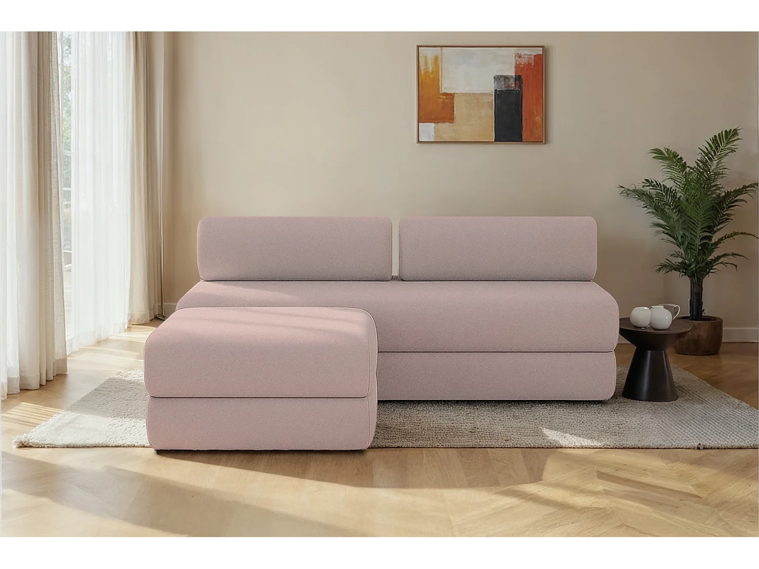 Canapé d'angle modulable et convertible 4 places - Tissu lisse - Rose