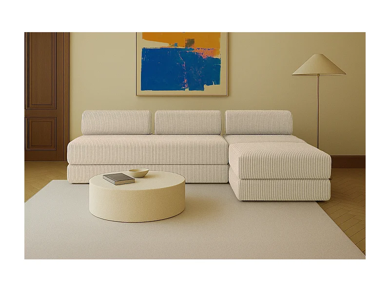 Canapé d'angle modulable et convertible 6 places - Velours côtelé XL - Beige