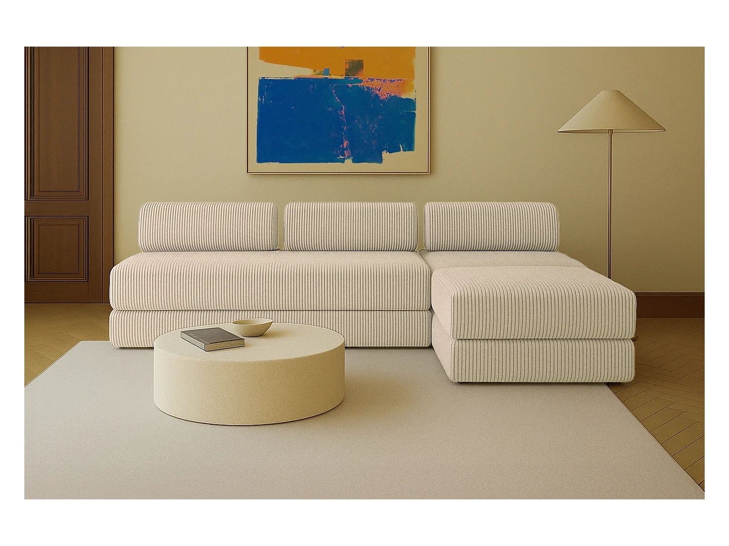 Canapé d'angle modulable et convertible 6 places - Velours côtelé XL - Beige