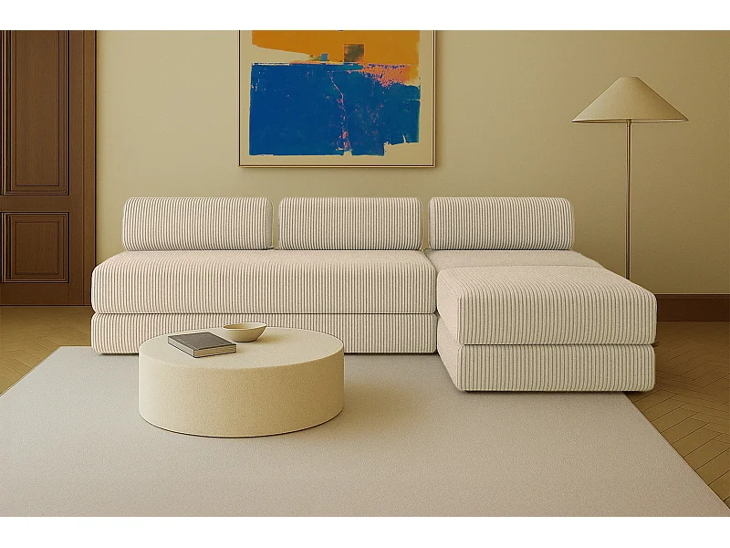 Canapé d'angle modulable et convertible 6 places - Velours côtelé XL - Beige