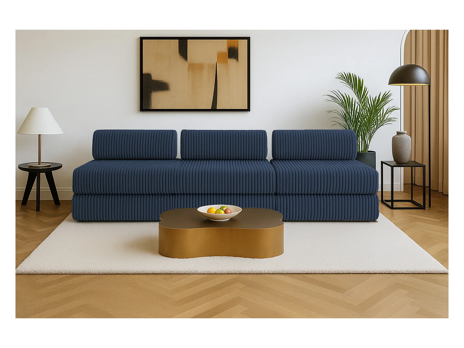 Canapé droit modulable et convertible 4 places - Velours côtelé XL - Bleu