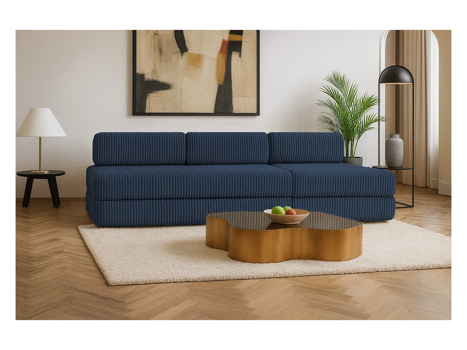 Canapé droit modulable et convertible 4 places - Velours côtelé XL - Bleu