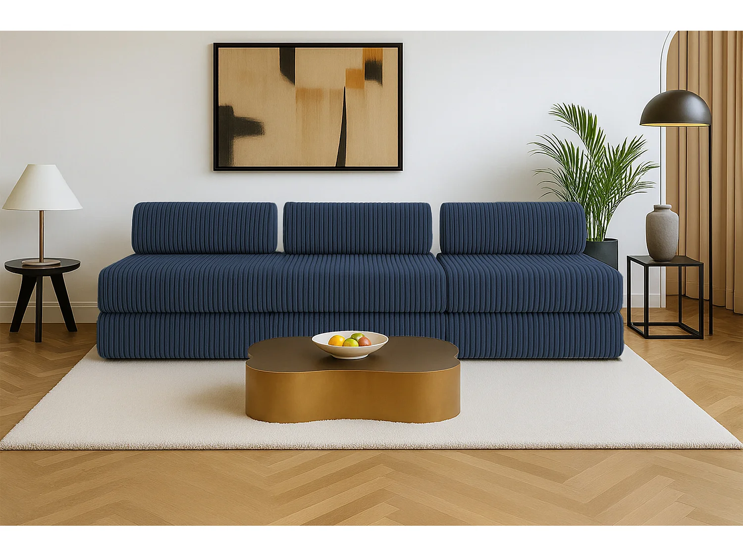 Canapé droit modulable et convertible 4 places - Velours côtelé XL - Bleu