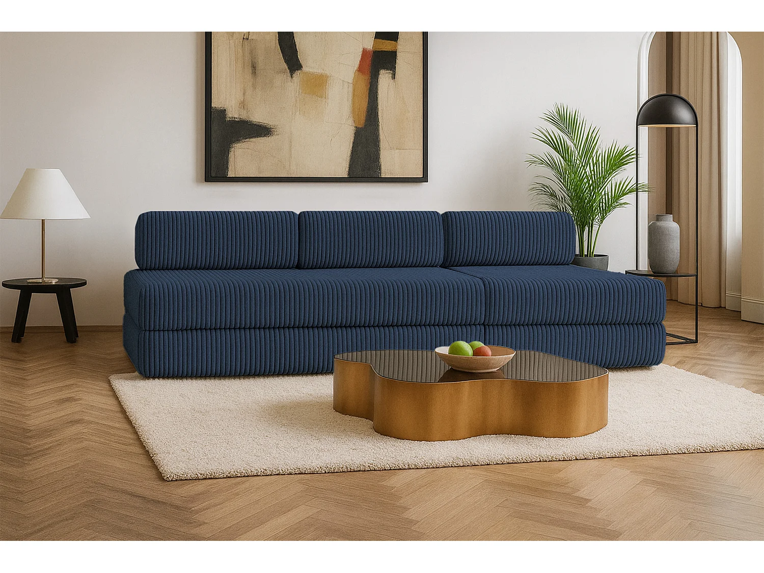 Canapé droit modulable et convertible 4 places - Velours côtelé XL - Bleu