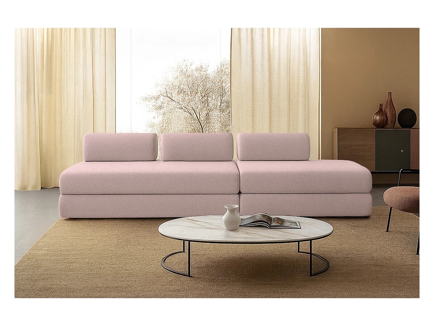 Canapé droit modulable et convertible 5 places - Tissu lisse - Rose