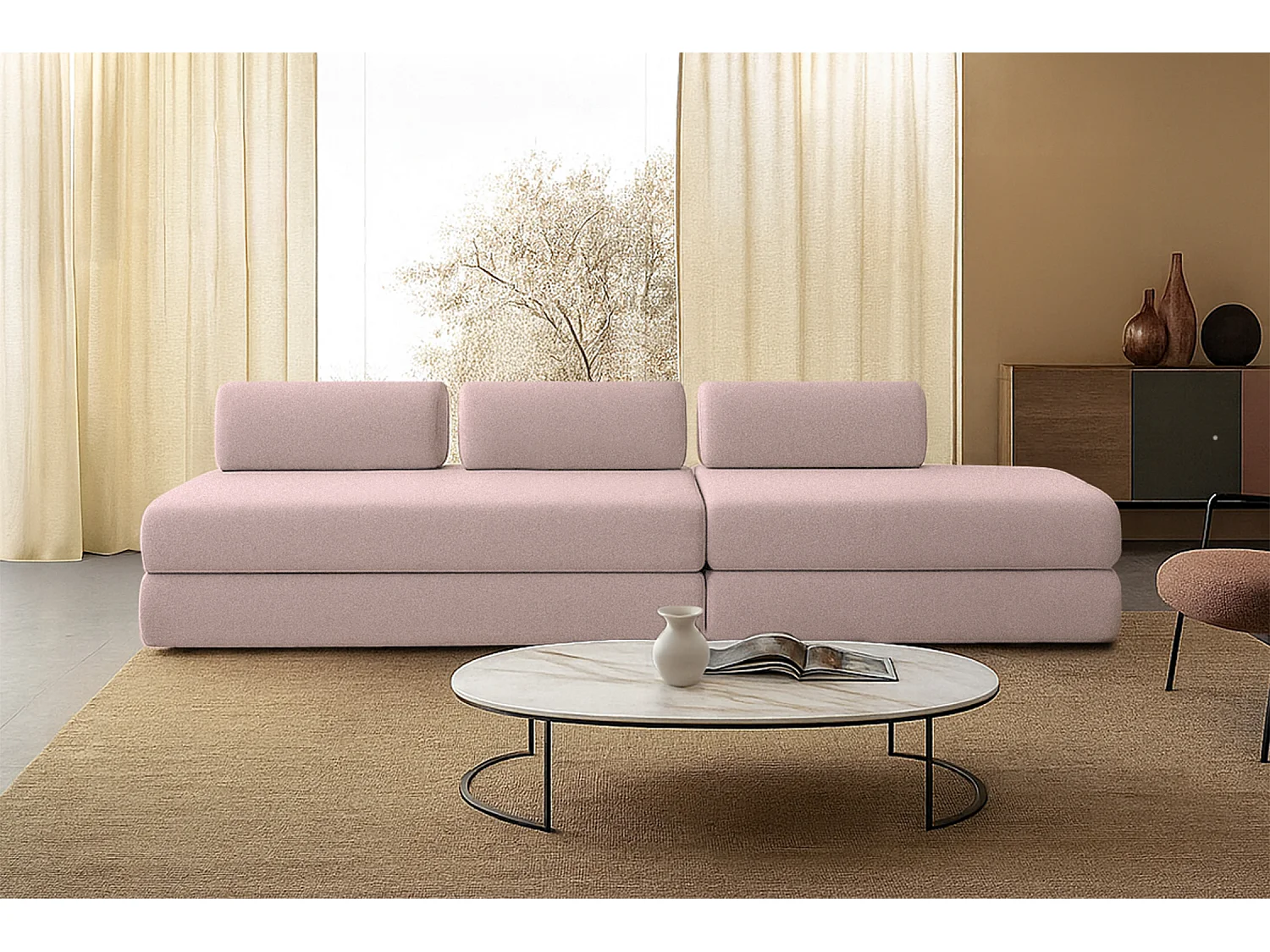 Canapé droit modulable et convertible 5 places - Tissu lisse - Rose