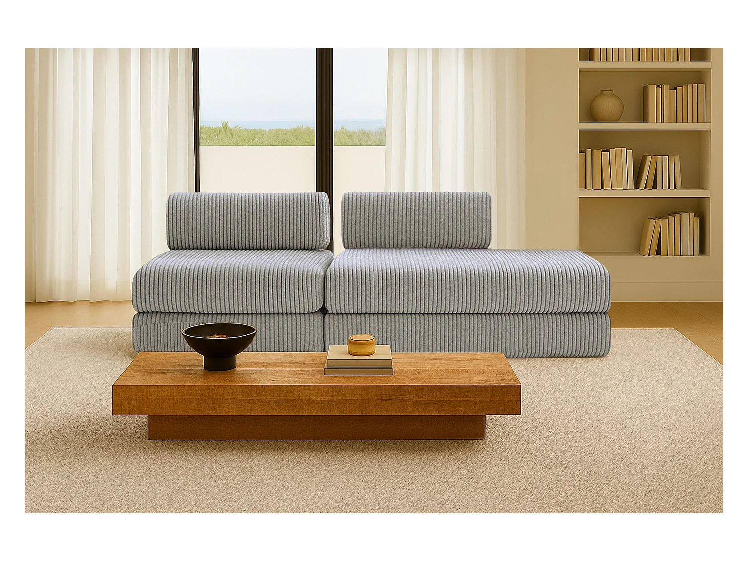 Canapé droit modulable et convertible 3 places - Velours côtelé XL - Gris clair