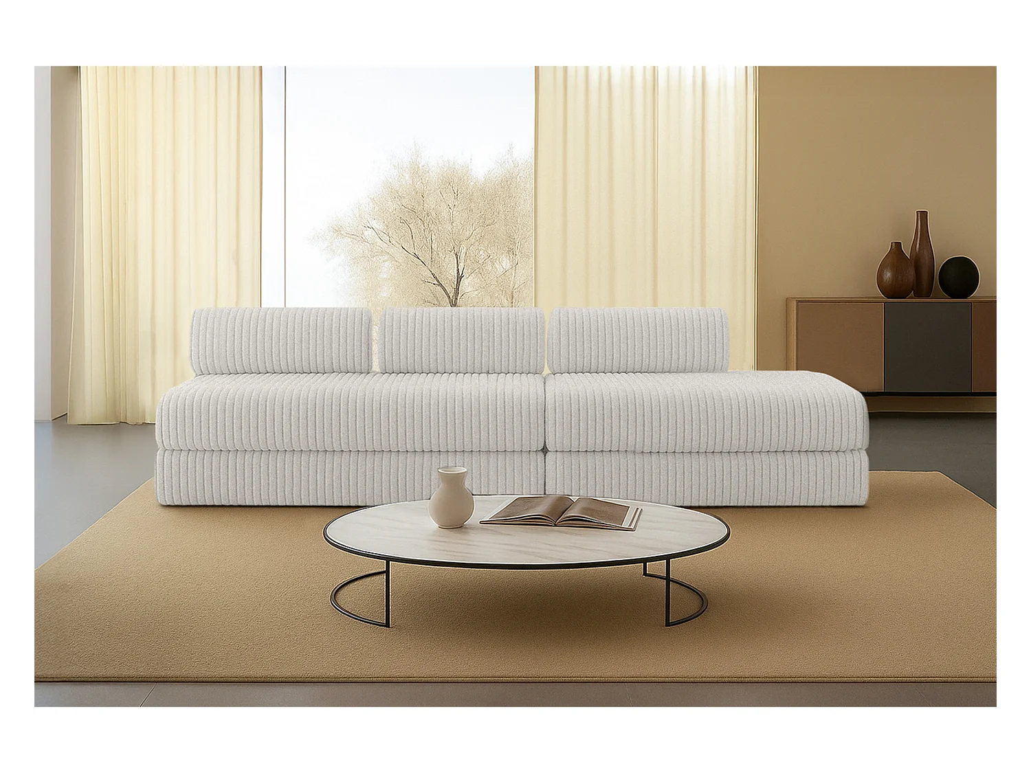 Canapé droit modulable et convertible 5 places - Velours côtelé XL - Blanc