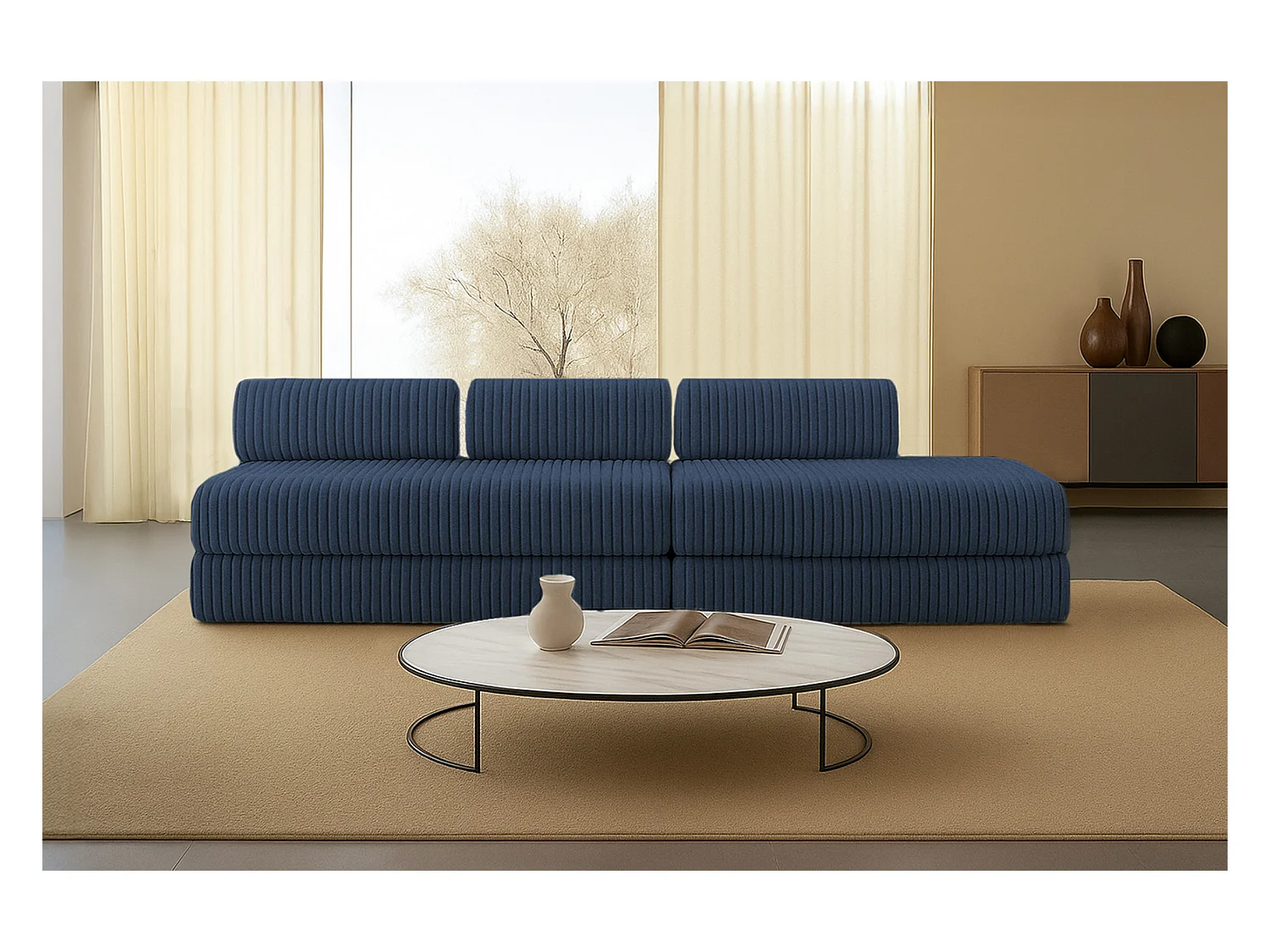 Canapé droit modulable et convertible 5 places - Velours côtelé XL - Bleu