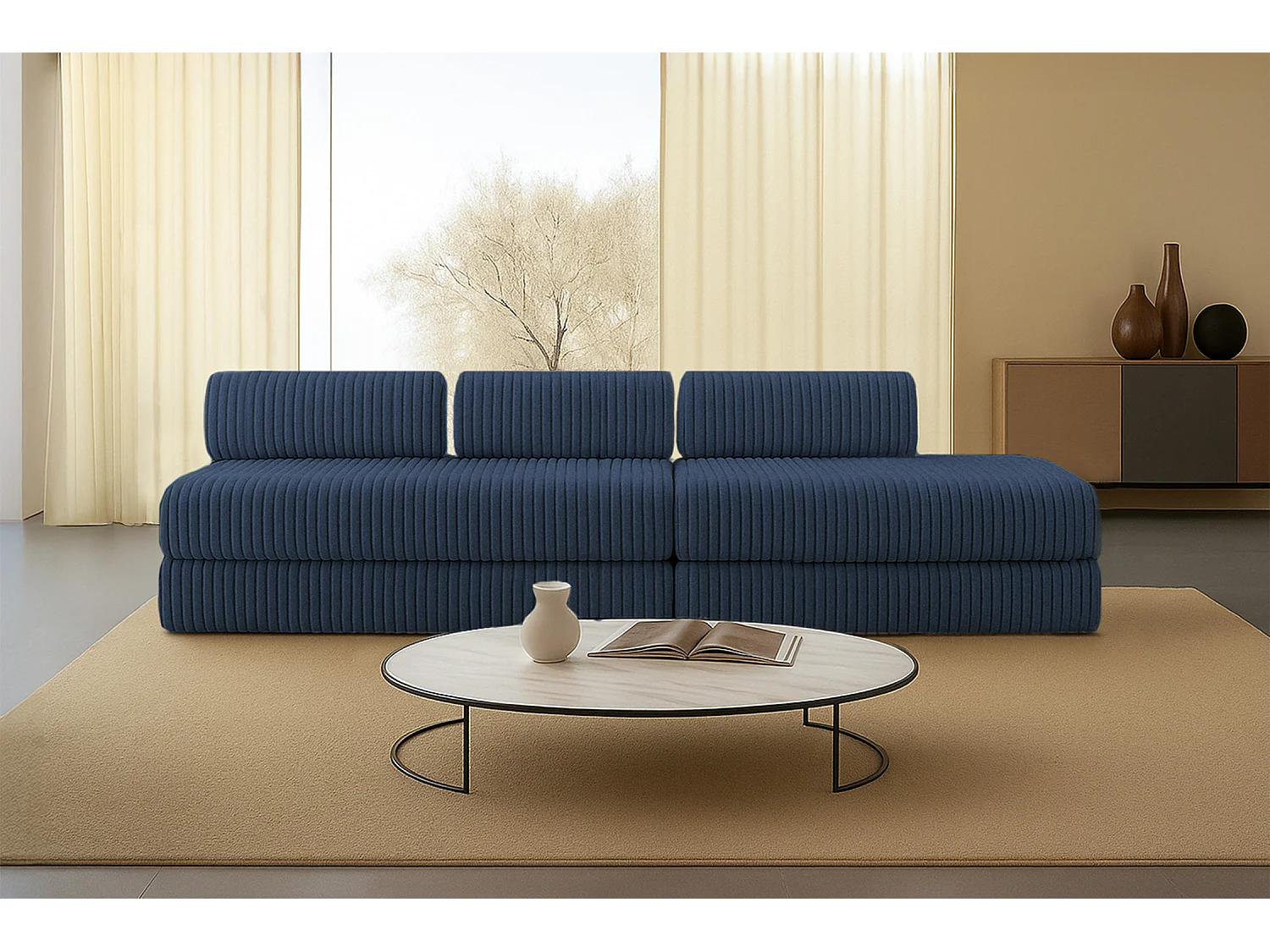 Canapé droit modulable et convertible 5 places - Velours côtelé XL - Bleu