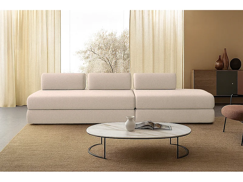 Canapé droit modulable et convertible 5 places - Tissu lisse - Beige