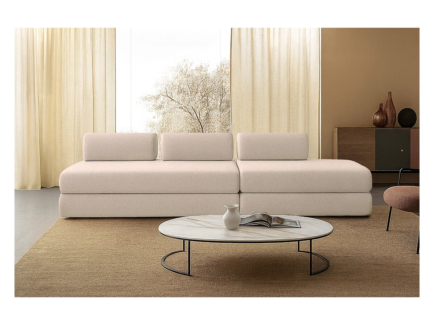 Canapé droit modulable et convertible 5 places - Tissu lisse - Beige