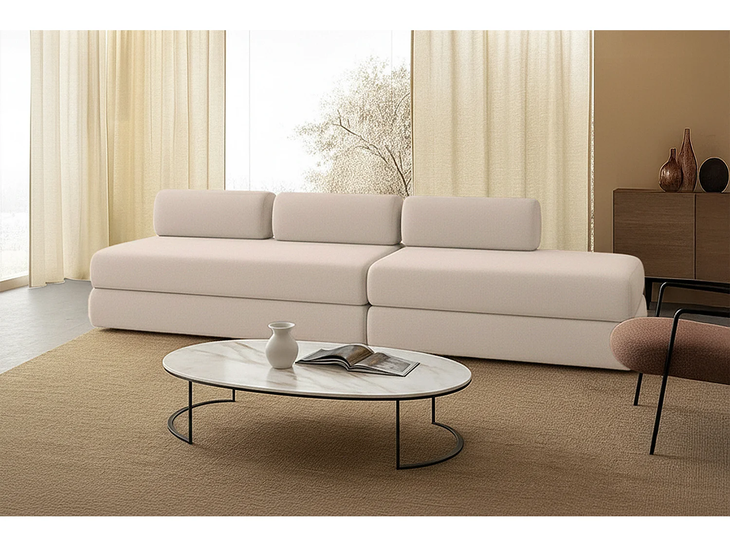 Canapé droit modulable et convertible 5 places - Tissu lisse - Beige