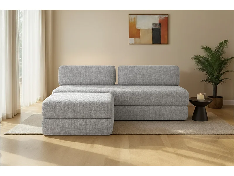 Canapé d'angle modulable et convertible 4 places - Tissu tweed - Gris