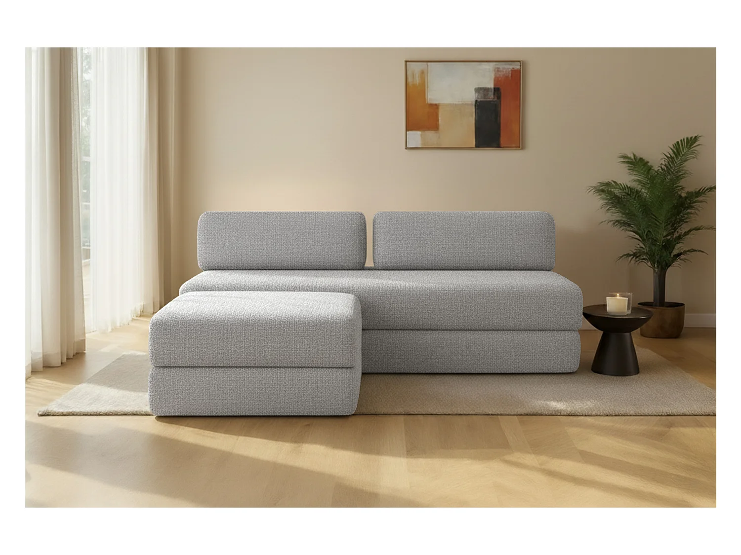 Canapé d'angle modulable et convertible 4 places - Tissu tweed - Gris