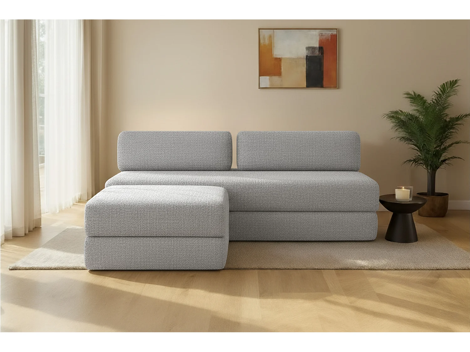 Canapé d'angle modulable et convertible 4 places - Tissu tweed - Gris