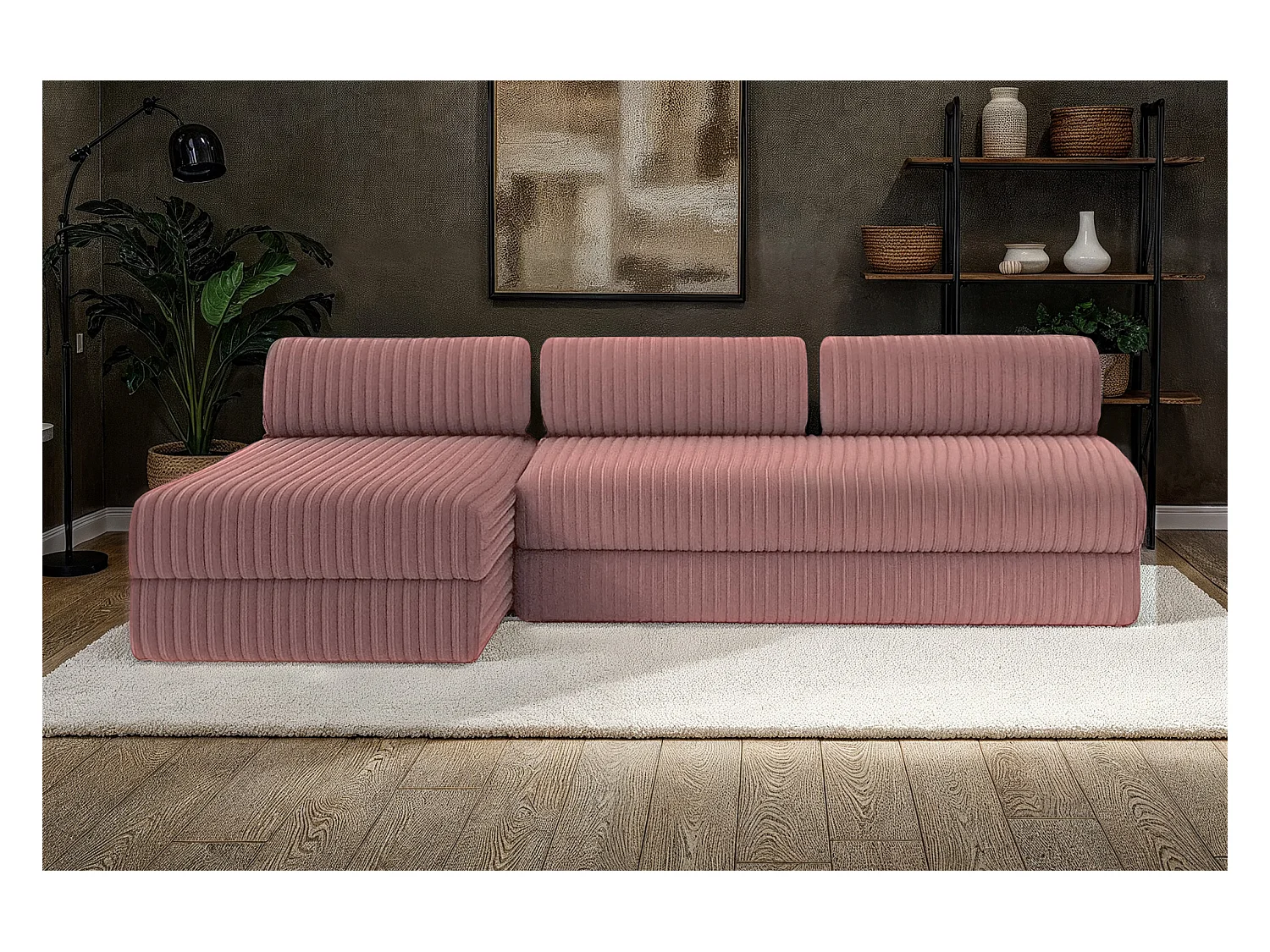 Canapé d'angle modulable et convertible 6 places - Velours côtelé XL - Rose