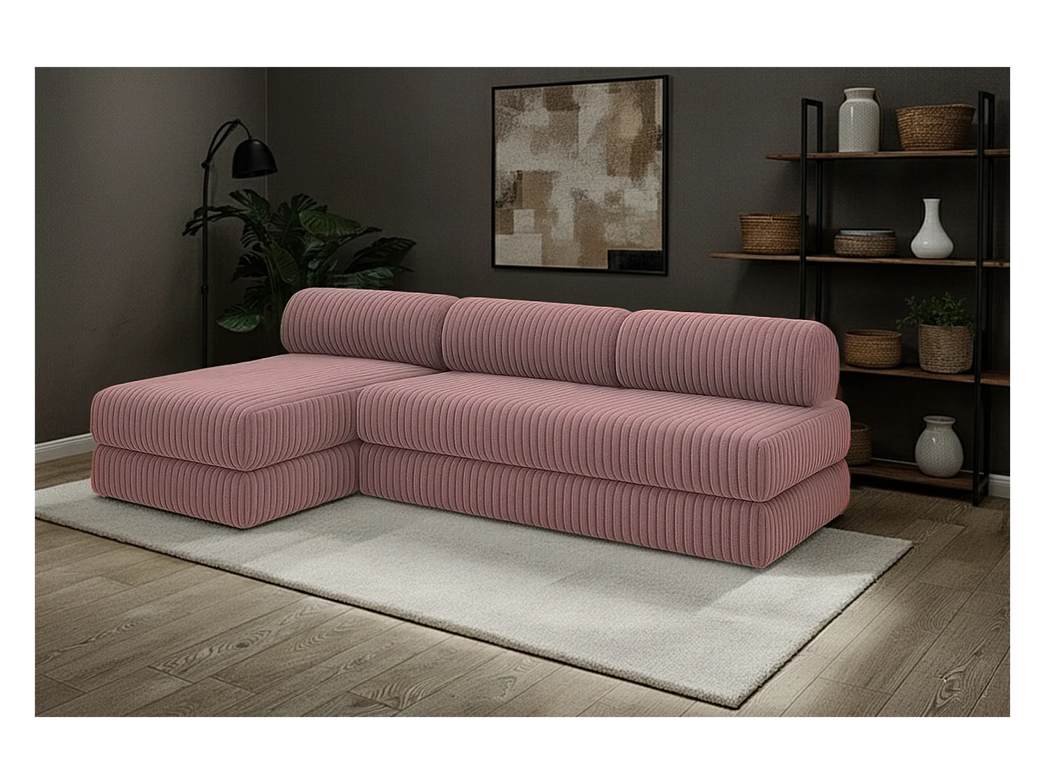 Canapé d'angle modulable et convertible 6 places - Velours côtelé XL - Rose