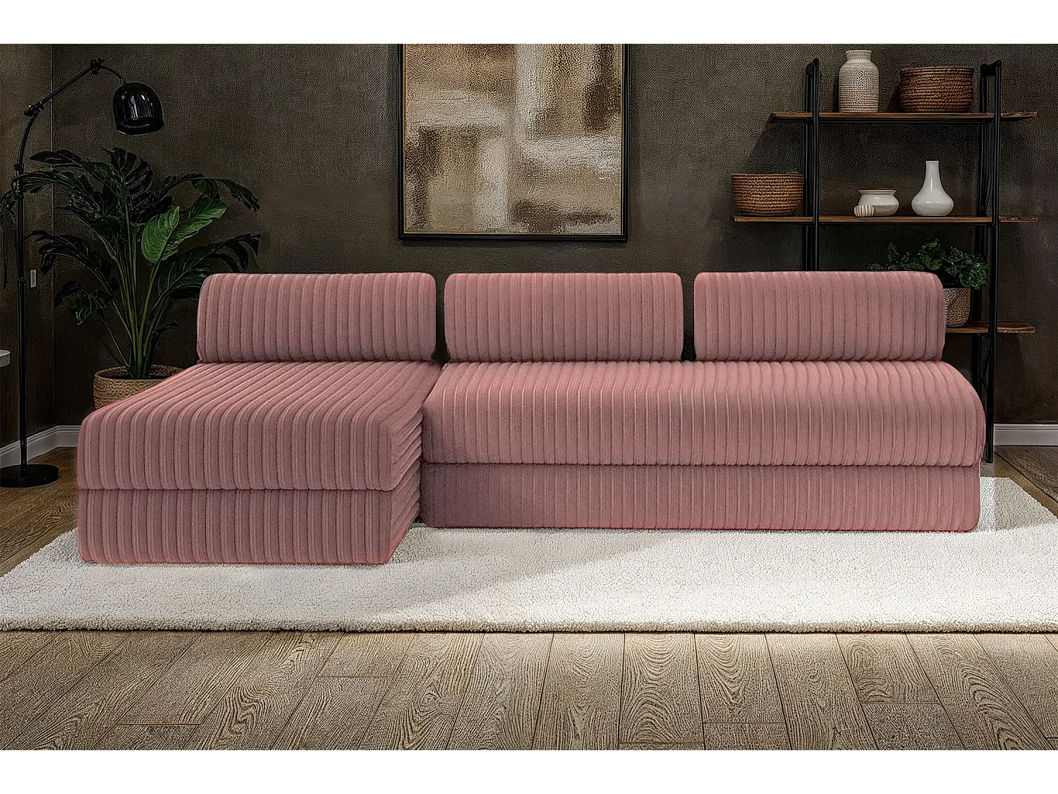 Canapé d'angle modulable et convertible 6 places - Velours côtelé XL - Rose