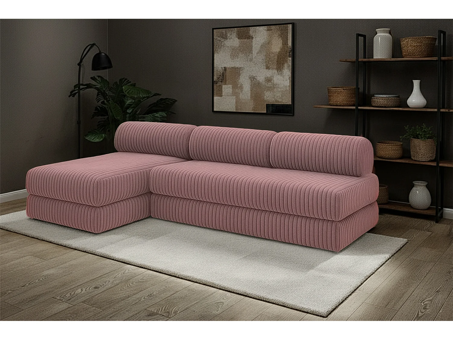Canapé d'angle modulable et convertible 6 places - Velours côtelé XL - Rose