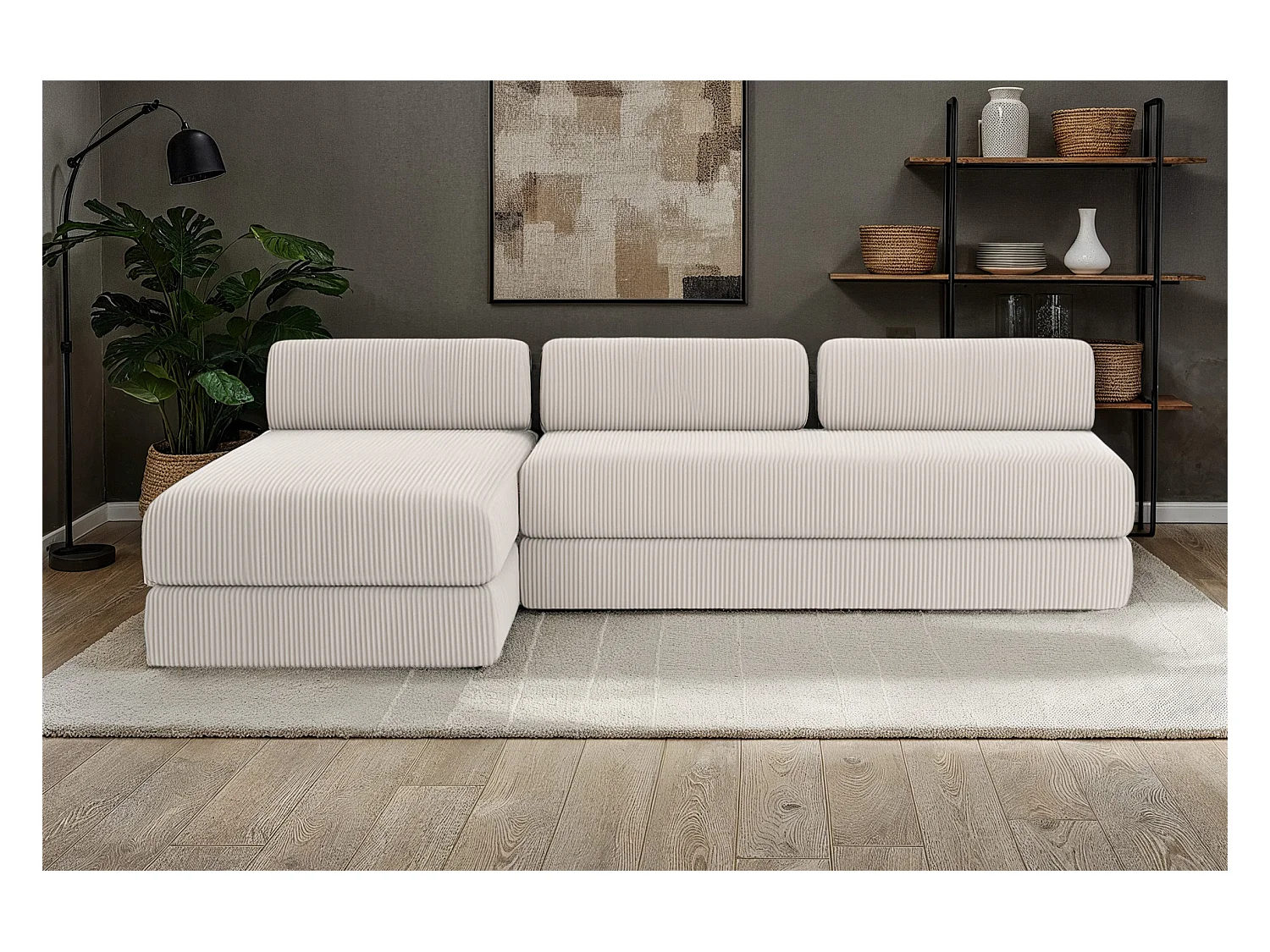 Canapé d'angle modulable et convertible 6 places - Velours côtelé - Blanc