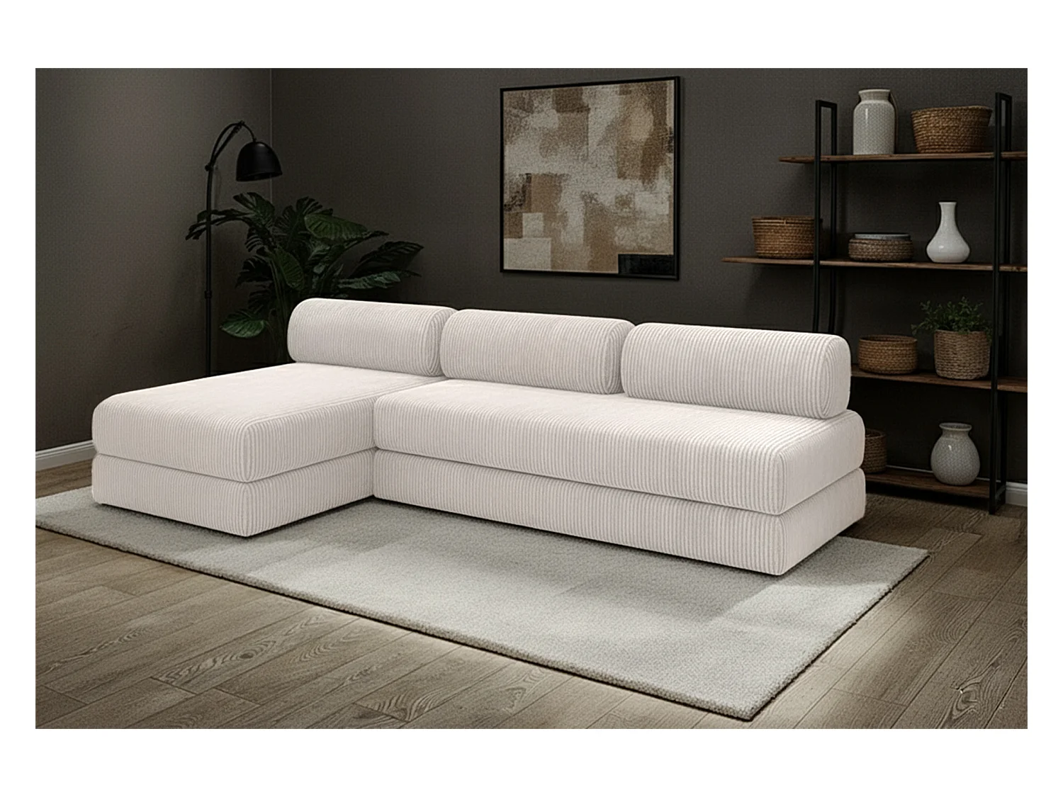 Canapé d'angle modulable et convertible 6 places - Velours côtelé - Blanc