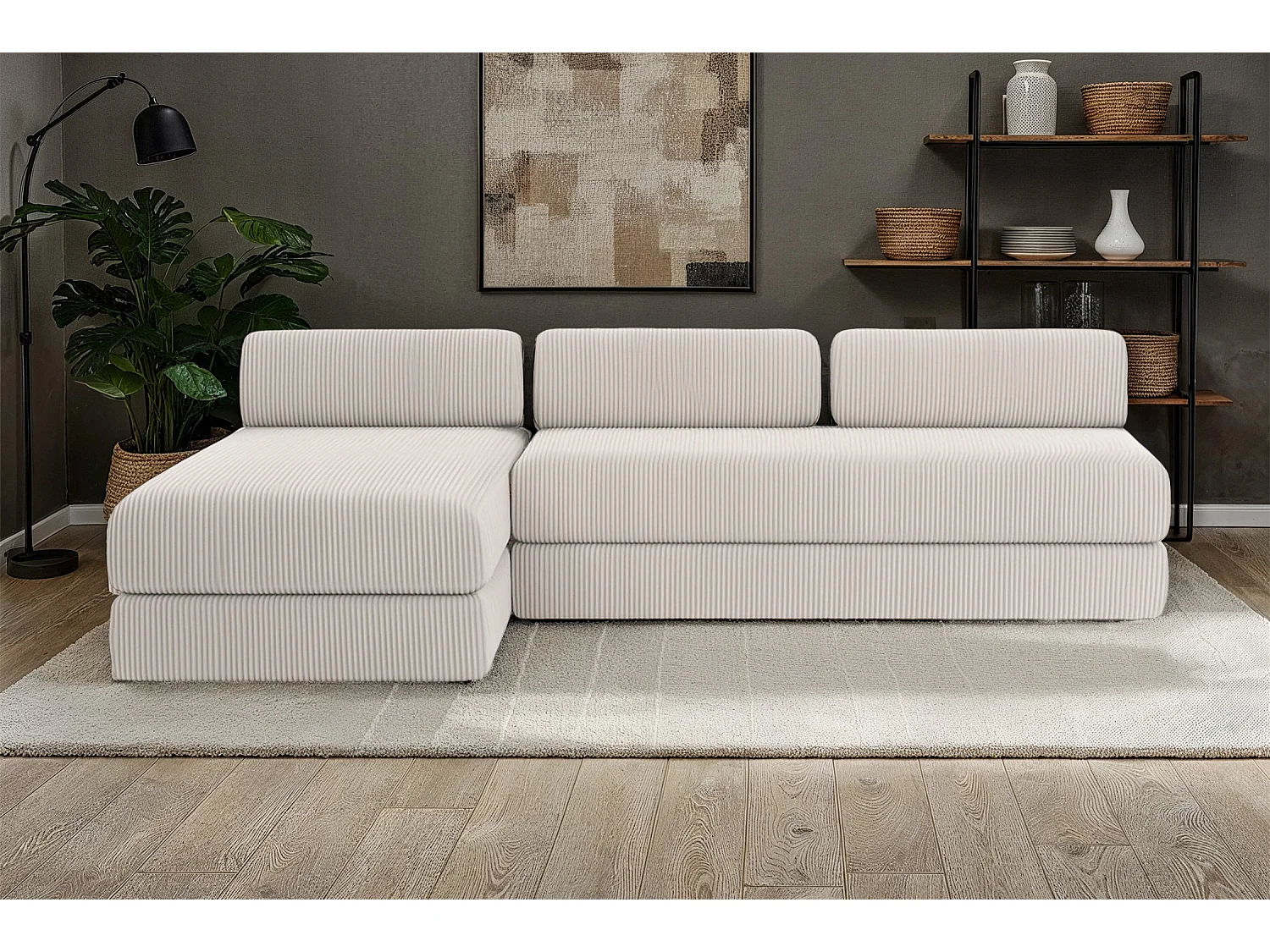 Canapé d'angle modulable et convertible 6 places - Velours côtelé - Blanc