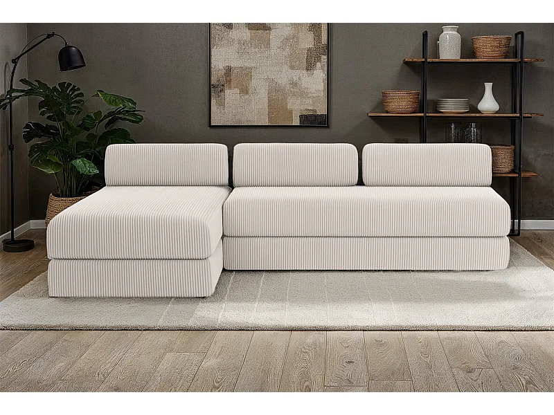 Canapé d'angle modulable et convertible 6 places - Velours côtelé - Blanc