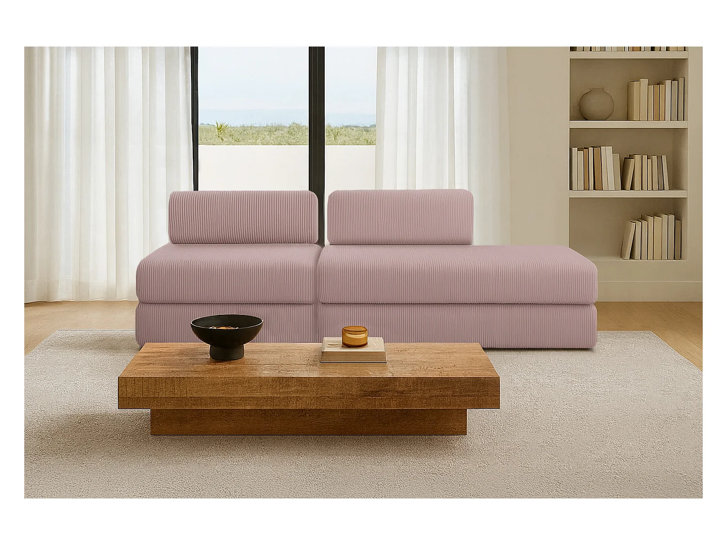 Canapé droit modulable et convertible 3 places - Velours côtelé - Rose pâle